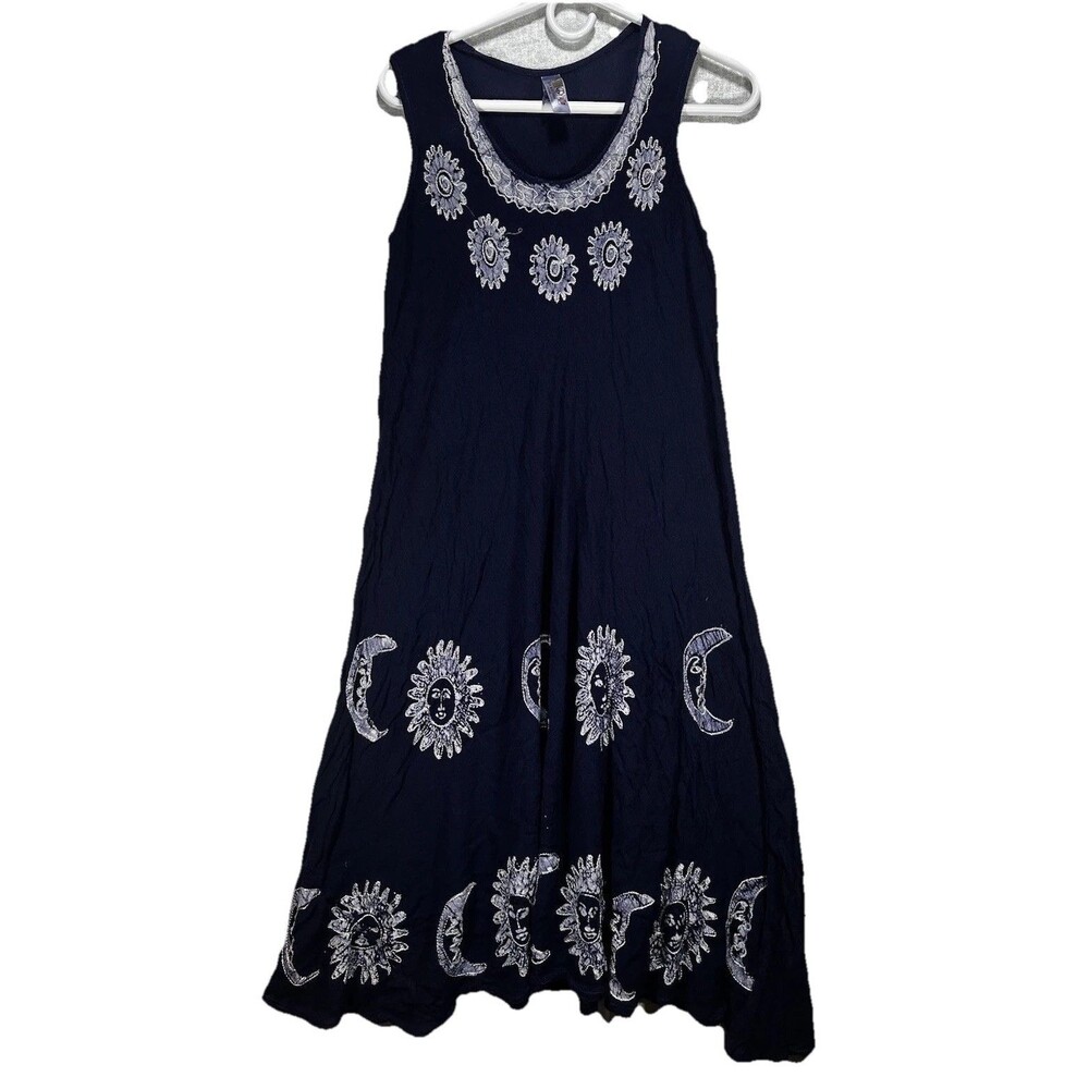 India Boutique Navy Blue Boho Sleeveless Celestial Embroidery Midi Dress OS